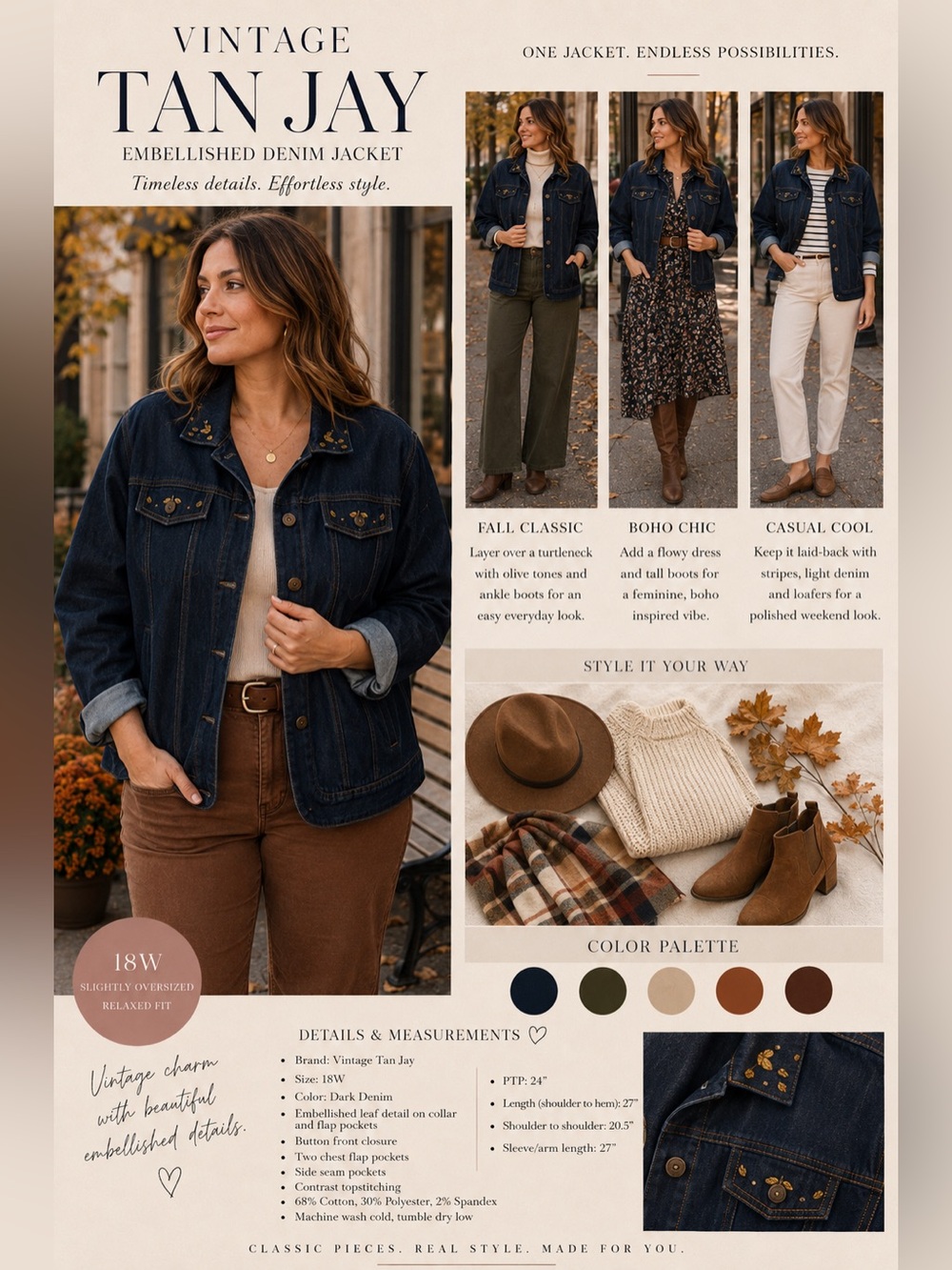 Vintage Charm | Tan Jay Embellished Dark Denim Jacket | 18W - Picture 3 of 12
